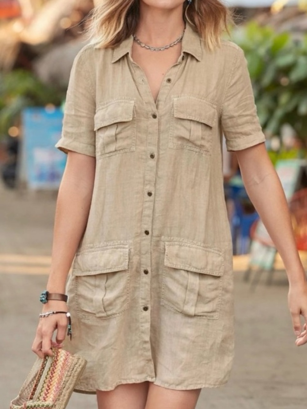 Sundance olive green button front Harper mini 100% linen dress size M